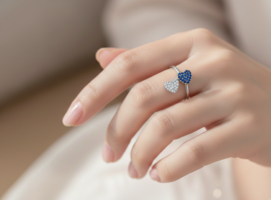 Silver Twin Hearts Adjustable Ring