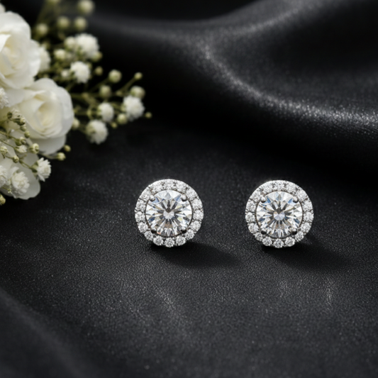 Silver Round Halo Stud Earrings