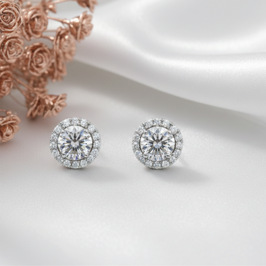 Silver Round Halo Stud Earrings