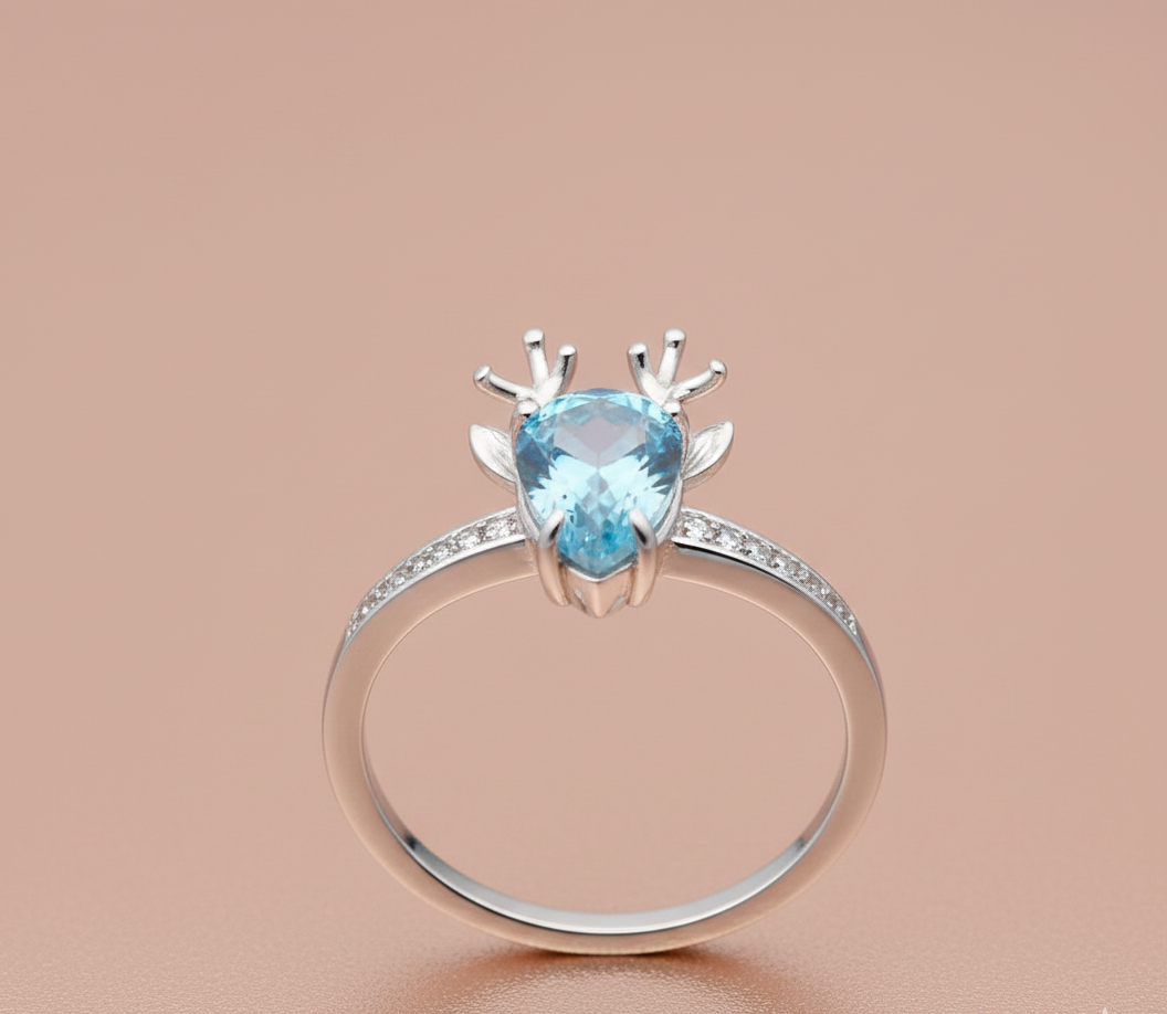 Silver Blue Gem Deer face Ring